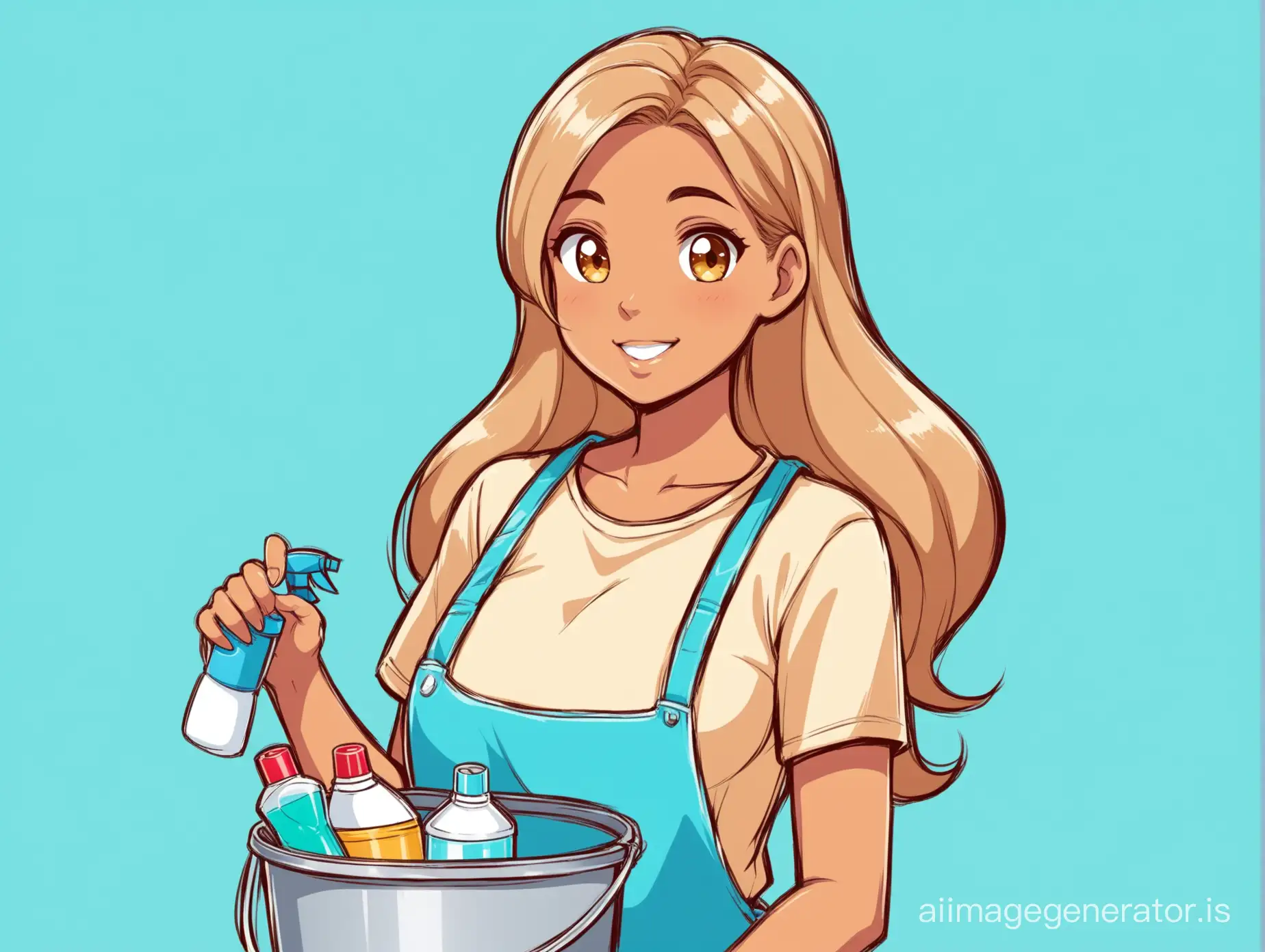 medium size Woman cleaner holding a bucket with cleaning products inside cartoon long light brown hair and light tanned skin with a light blue background