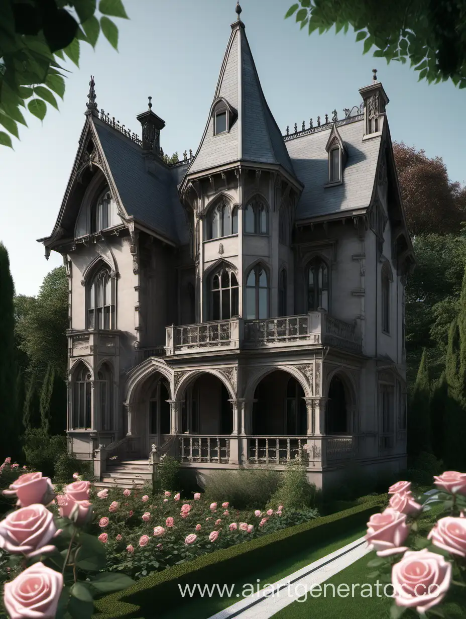Gothic-Style-House-with-Rose-Garden-Exterior-View