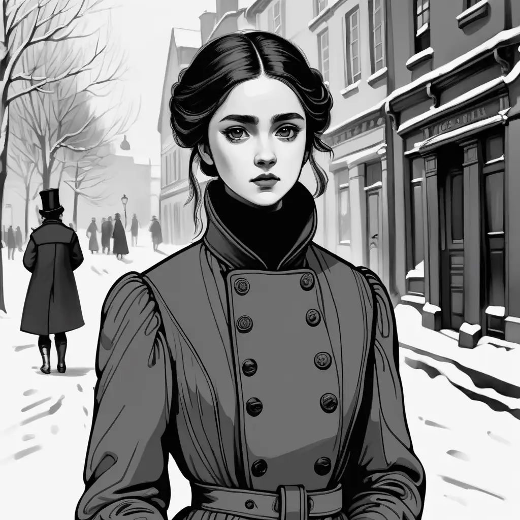  black and white line art easy sketch minimalistic details, young serious 19 century european female in winter clothes, white skin, square shaped determined face, wide strong mouth, very thin pursed lips, stright small nose, round chin, dark eyes, dark hair in 19 century hairstyle, full body lenght, she is coming down to street of 18 century european small town, winter, snowing