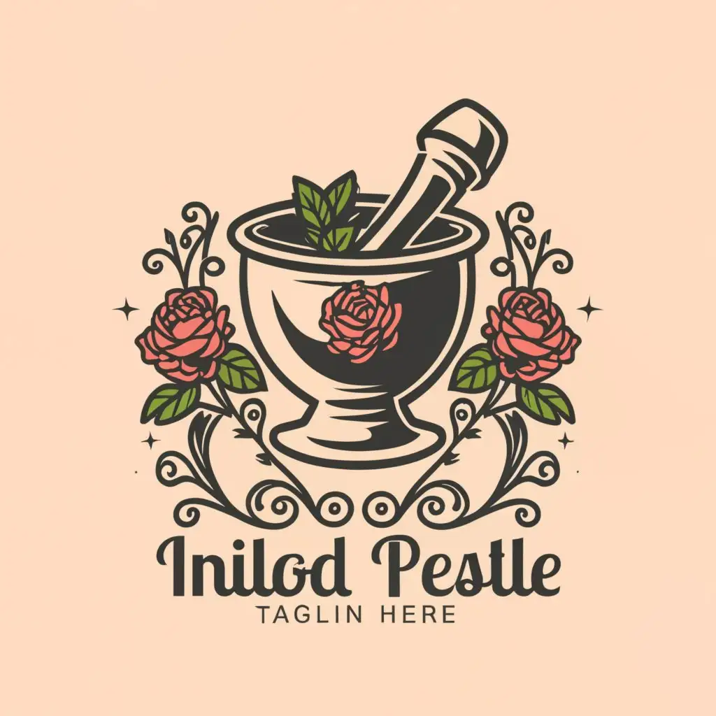 a logo design, main symbol:mortar and pestle with rose etching, simple