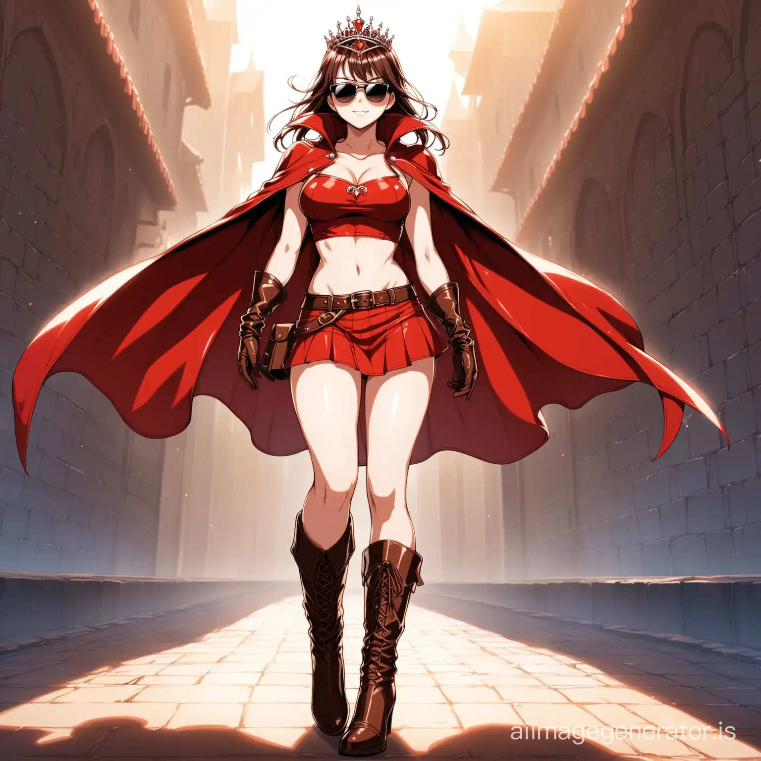 hot anime girl in red croptop, skirt, leather gloves, leather boots heels and a cape reaching her boots 
she also wears a pair of sunglasses and a tiara