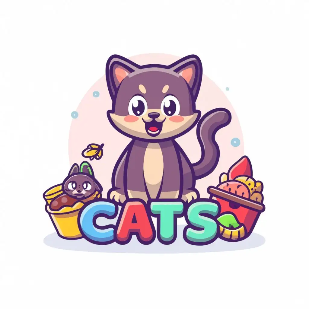 a logo design,with the text "cat", main symbol:cat, food, kitten, fluffy cat, eats food,Moderate,be used in Animals Pets industry,clear background