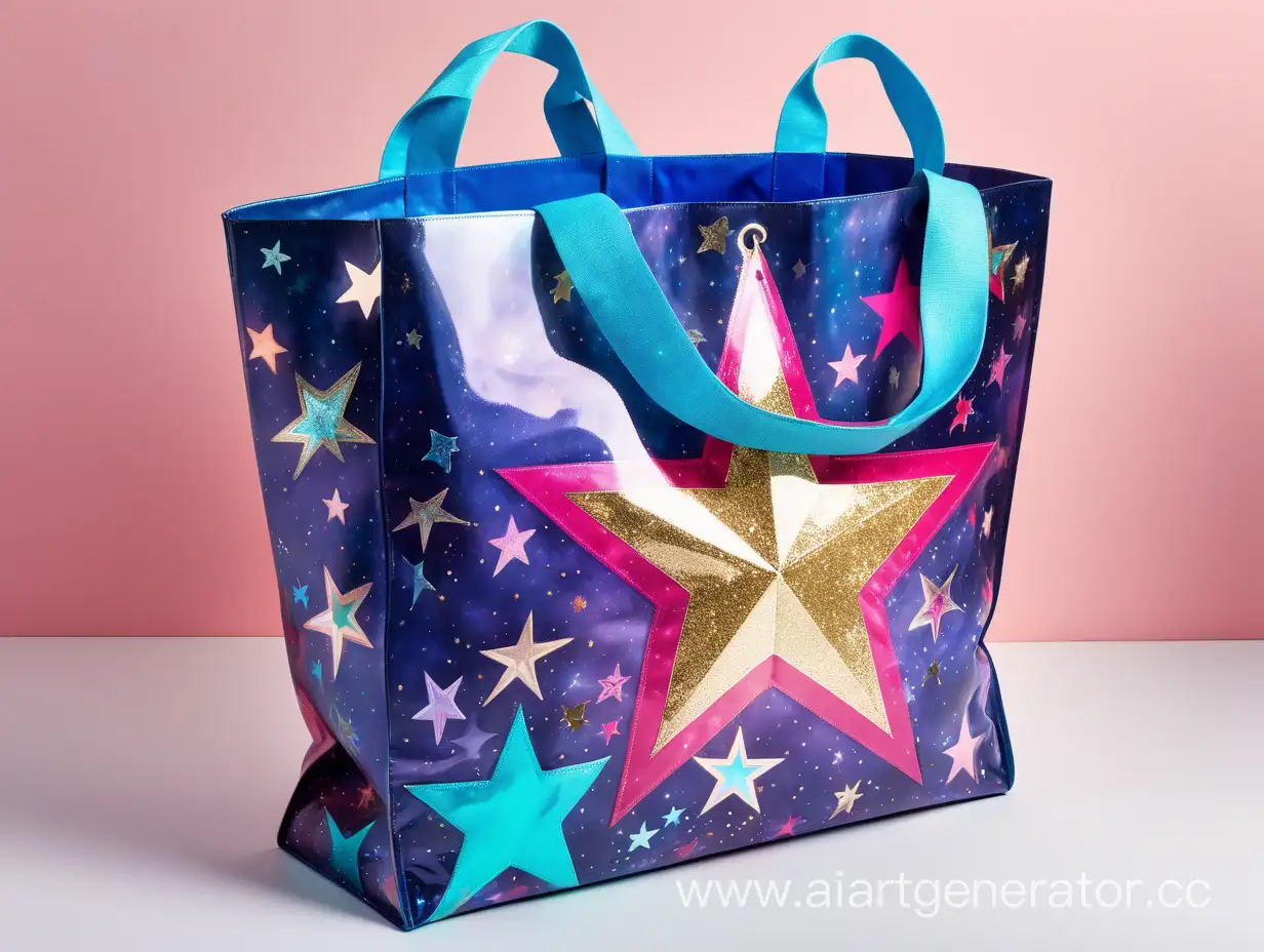 A mysterious, brightly colored shopper bag with stars and sparkles