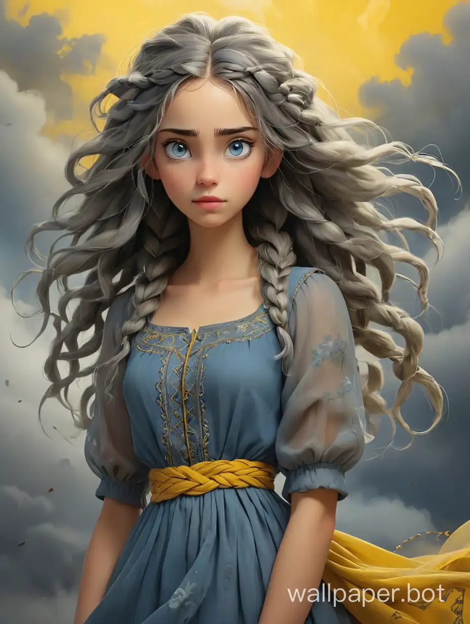 Gabriel Pacheco style, yellow background in a foggy cloud, dark girl 25 years old, big clear blue eyes, gray hair braided, long loose dress with sewing at the bottom, intricate details, octane, bright 3D illustration, clear, bold brush strokes, height - 3/4