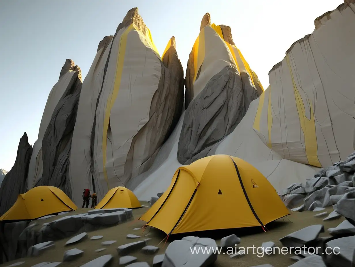 Scenic-Mountaineering-Campsite-with-Yellow-Tent-Amidst-Majestic-Cliffs