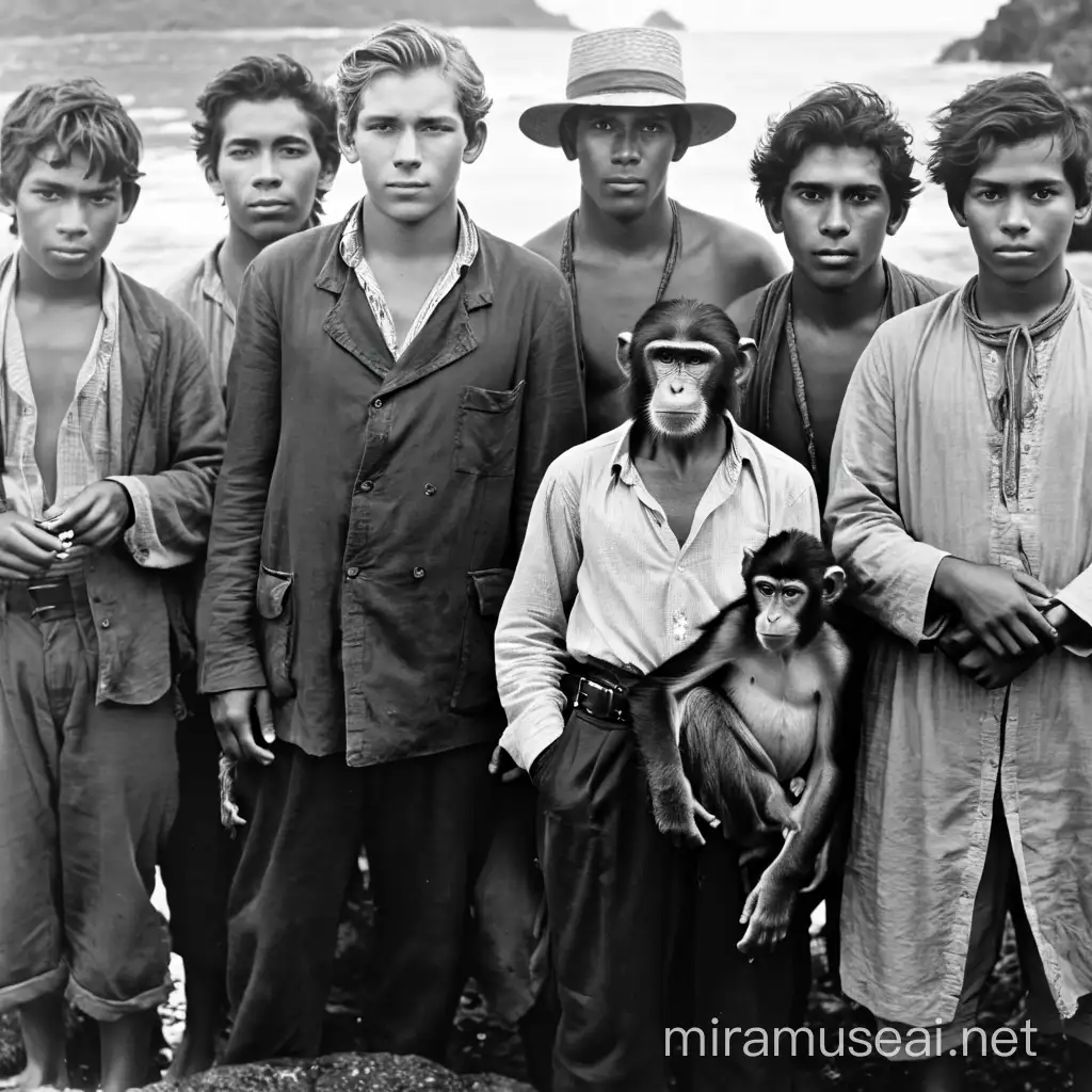 Un chico adolescente y su mono humanoide, desmayados en la orilla de una isla polinesia, vlase obrera siglo xix