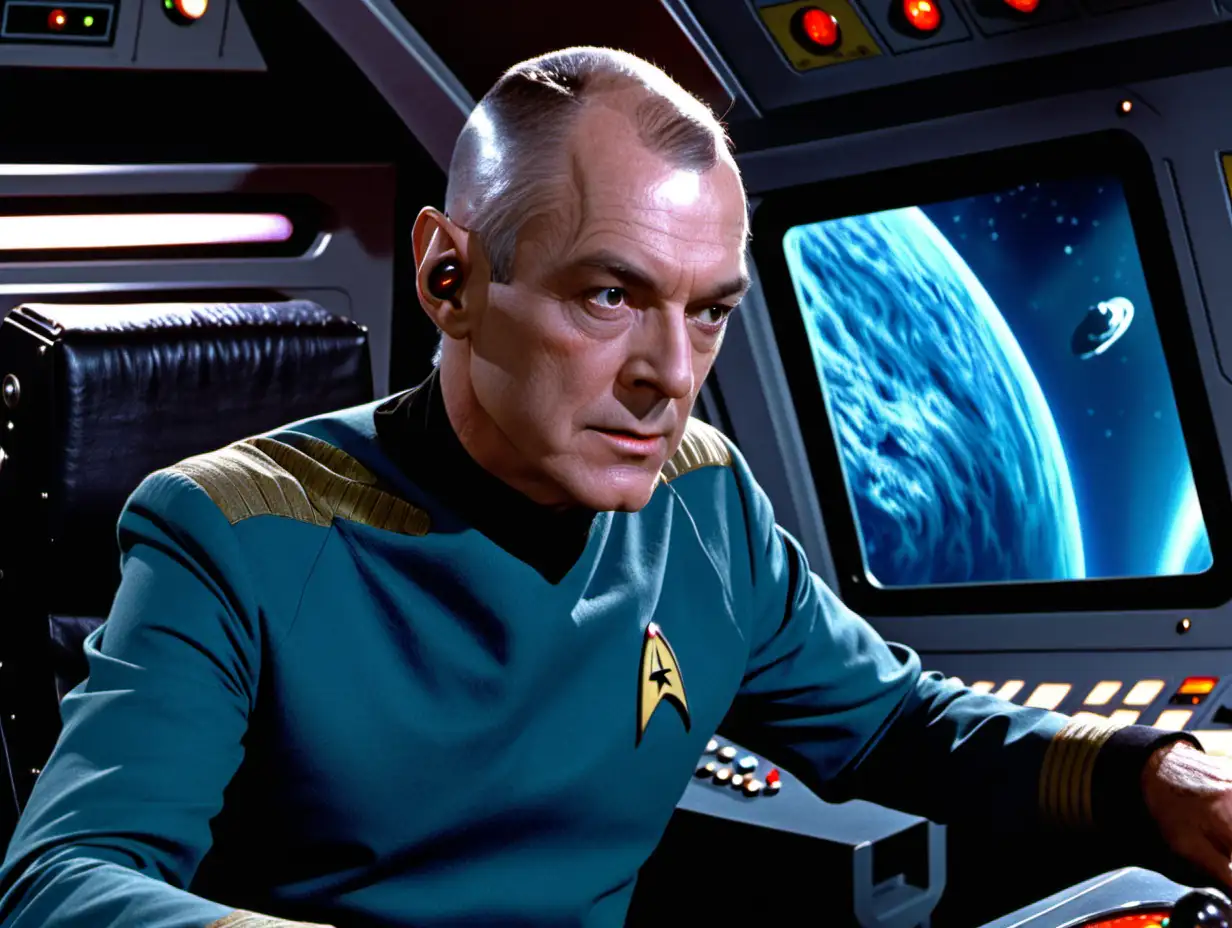 a Middle aged white man with balding buzzcut grey hair sitting in the captains chair of the starship enterprise from startrek. you can see control panels with light up buttons and a planet outside the window