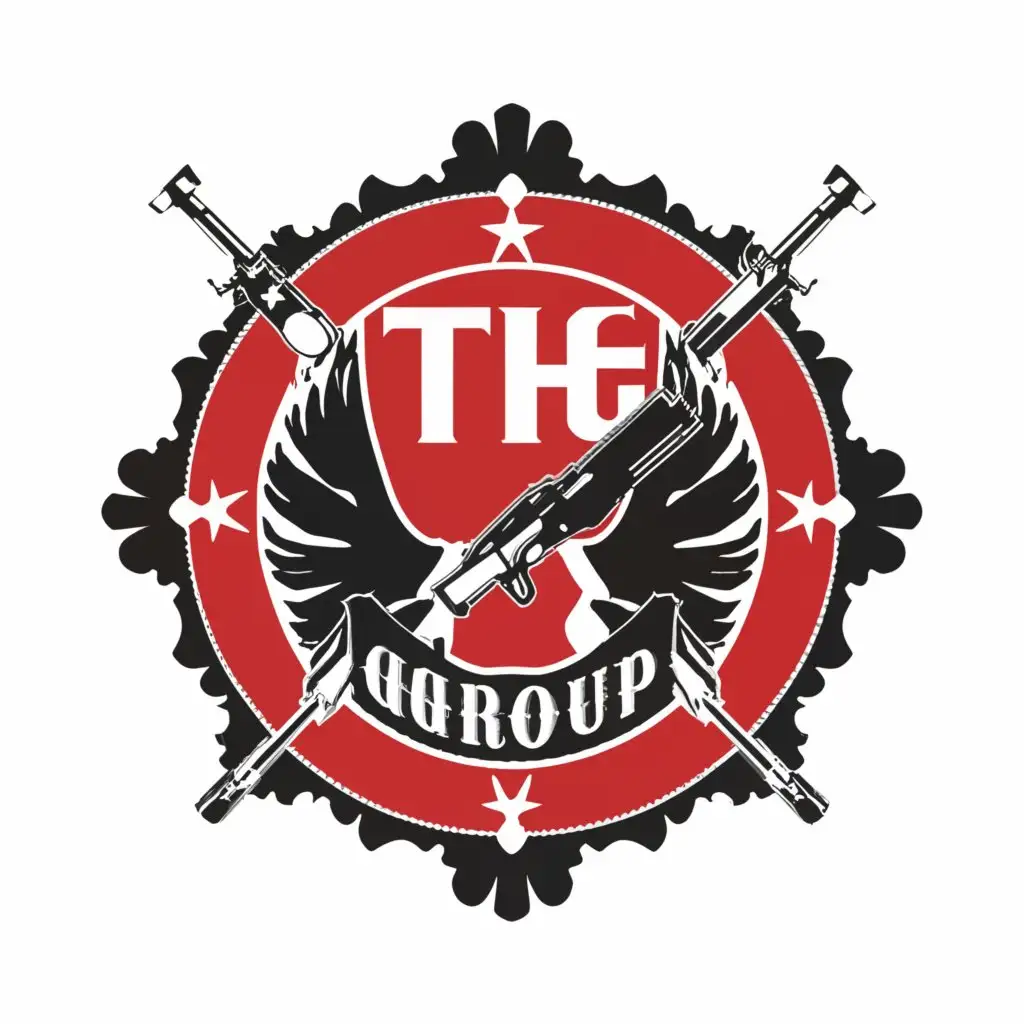 a logo design,with the text "THG GROUP", main symbol:ALBANIAN FLAG with ak 47,complex,clear background