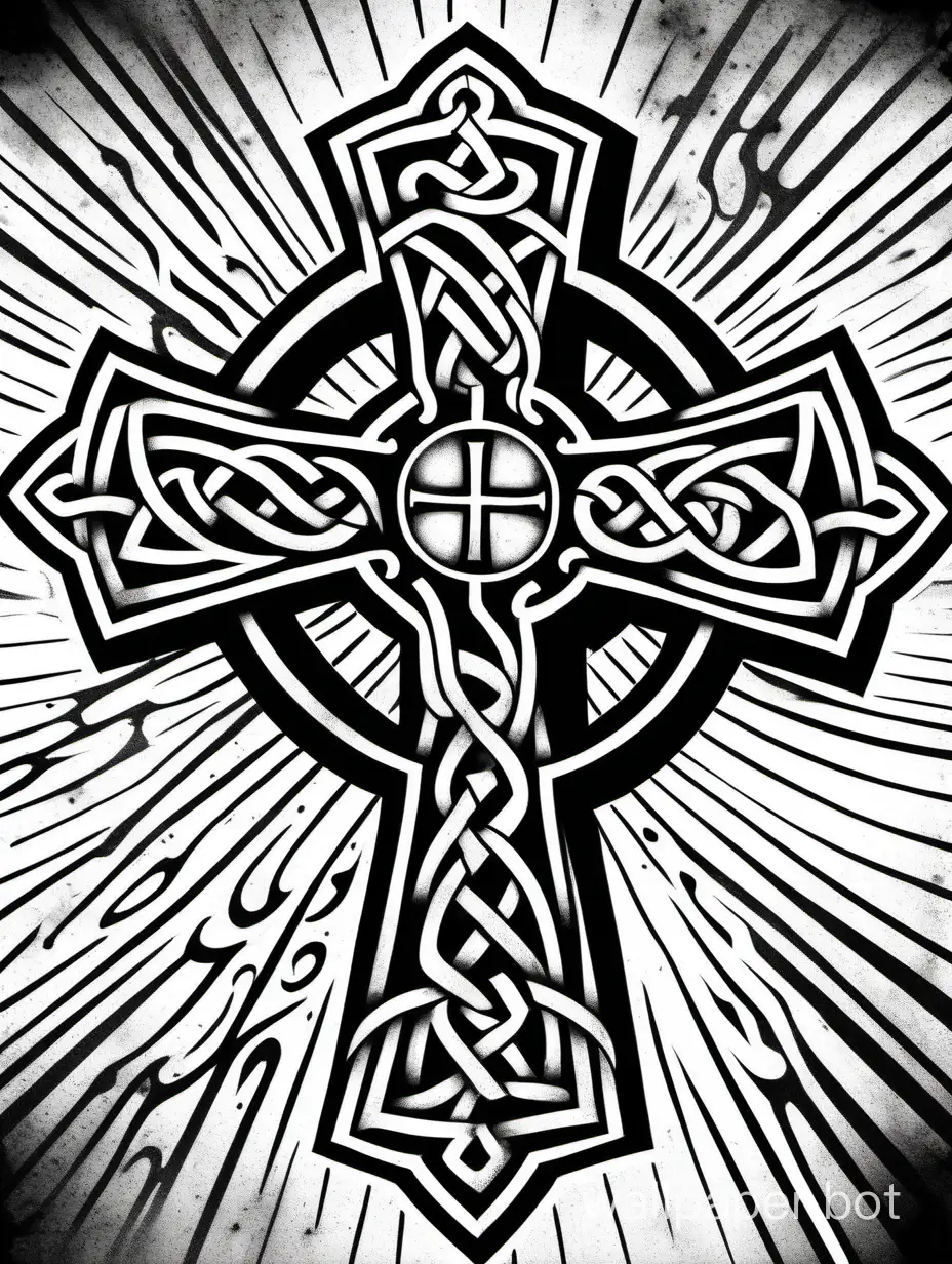 celtic cross, explosive drawing lineart,  dark tattto design, chaotic shadows, explosive black ink, dark ink, white neon line details, monochromatic,  white background