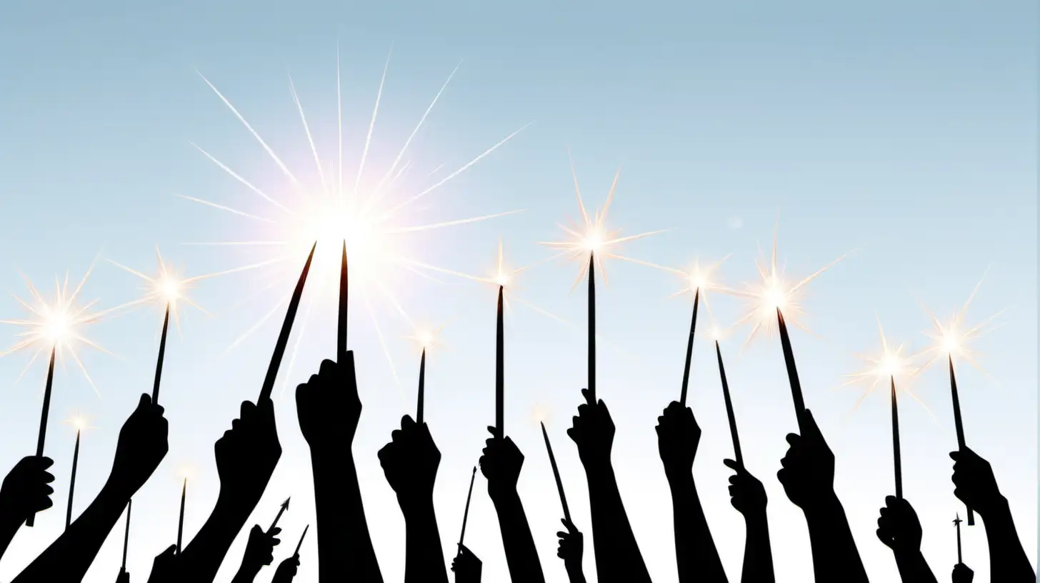 People point their wands at the sky, use
White background.