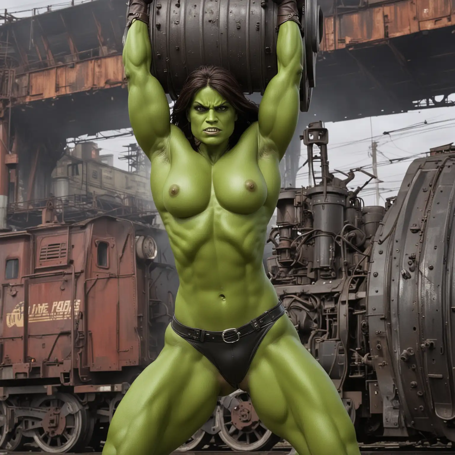 muscular  bare chested She  Hulk lifting up a railway engine over her head