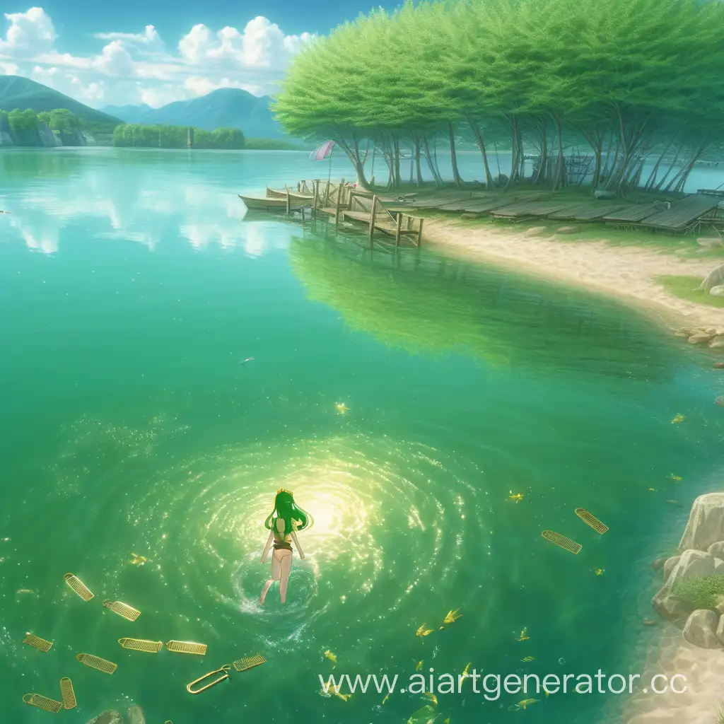 The green water PUT HER GOLDEN COMB ON THE SHORE on the shore of the lake and went swimming in anime style
