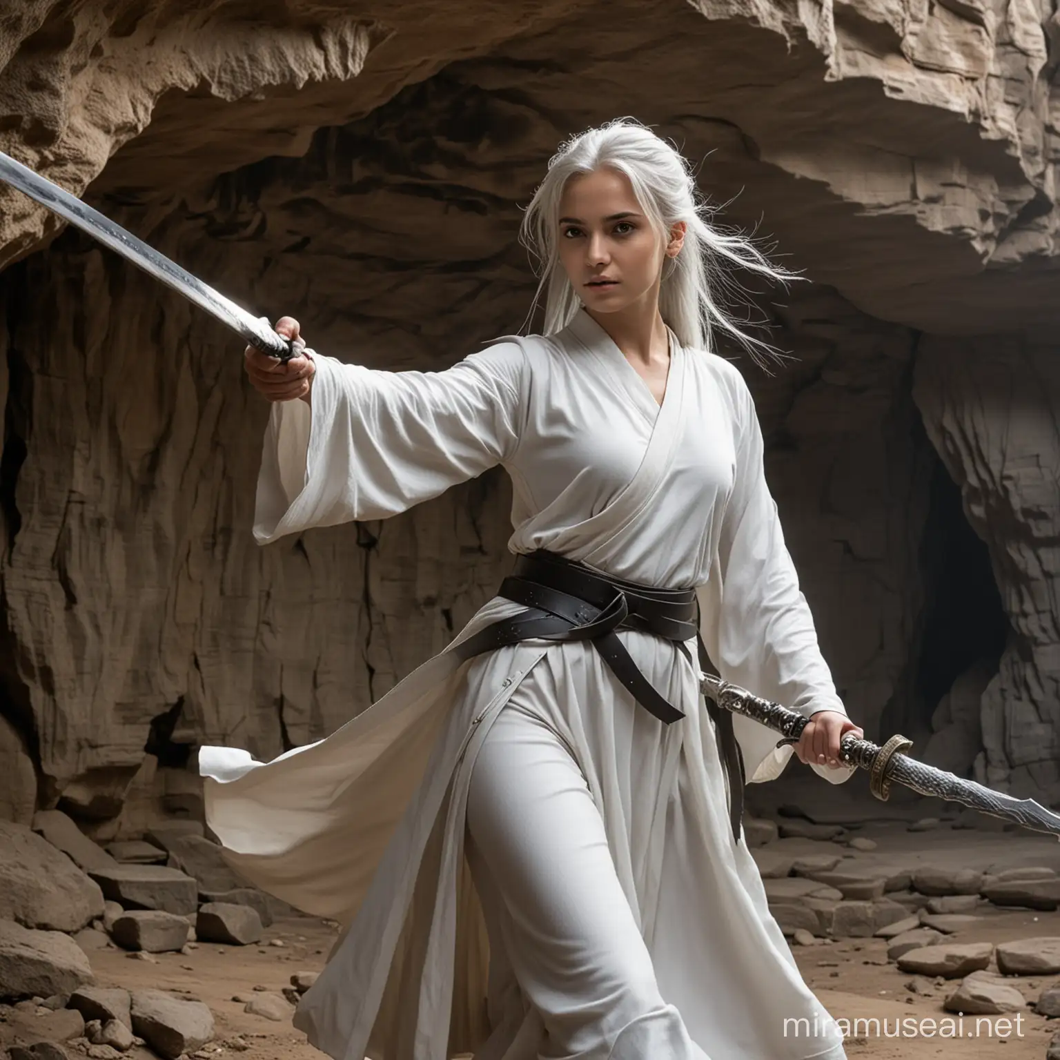 A young girl of 18 with silver hair that drapes to her shoulder. She had striking and calm grey eye. The young lady was wearing  a white tunic with a black leather belt. She was swinging a long silver blade while practicing her sword dance alone in a cave 
