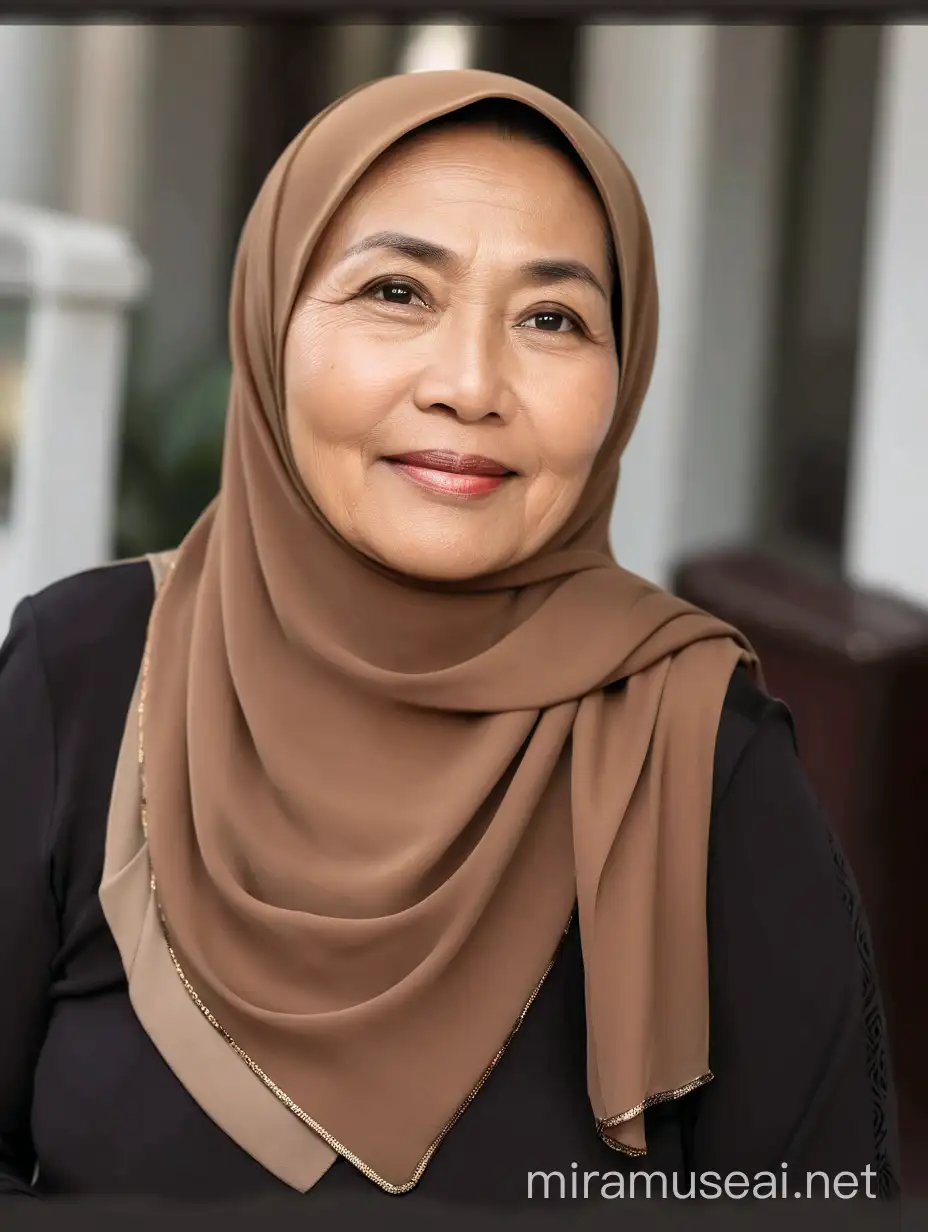 Gambar seorang ibu Indonesia usia 50 tahun, bentuk wajah opal memakai hijab warna coklat dan baju warna hitam. 