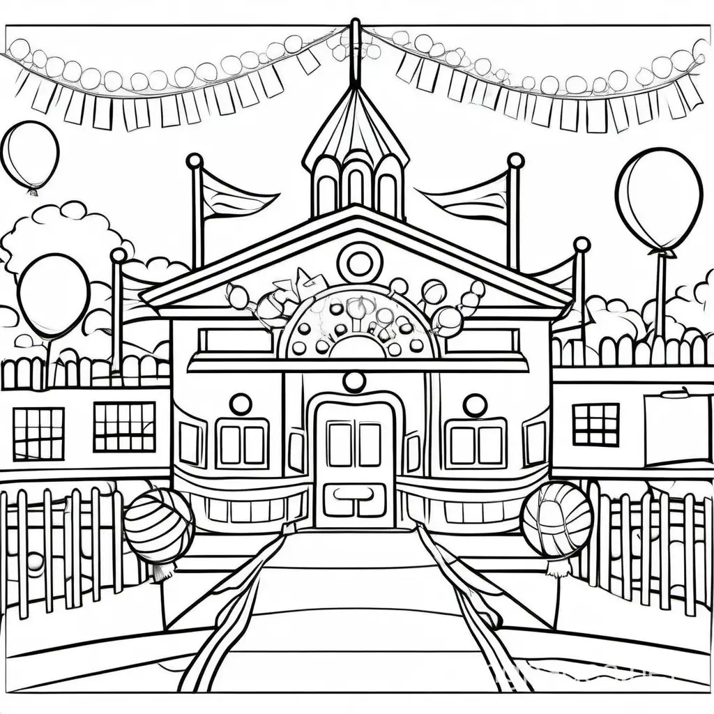 school carnival, Coloring Page, black and white, line art, white background, Simplicity, Ample White Space. The background of the coloring page is plain white to make it easy for young children to color within the lines. The outlines of all the subjects are easy to distinguish, making it simple for kids to color without too much difficulty, Coloring Page, black and white, line art, white background, Simplicity, Ample White Space. The background of the coloring page is plain white to make it easy for young children to color within the lines. The outlines of all the subjects are easy to distinguish, making it simple for kids to color without too much difficulty