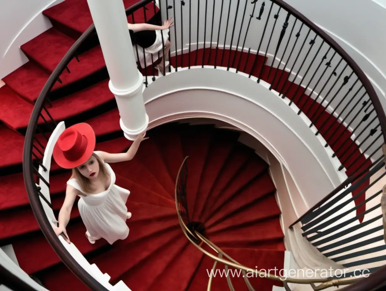 Вид с высокой точки сверху, со второго этажа на молодую даму внизу, дама в белом платье поднимается по винтовой лестнице с красным ковром, держась за перила, лицо дамы закрыто шляпкой с небольшими полями