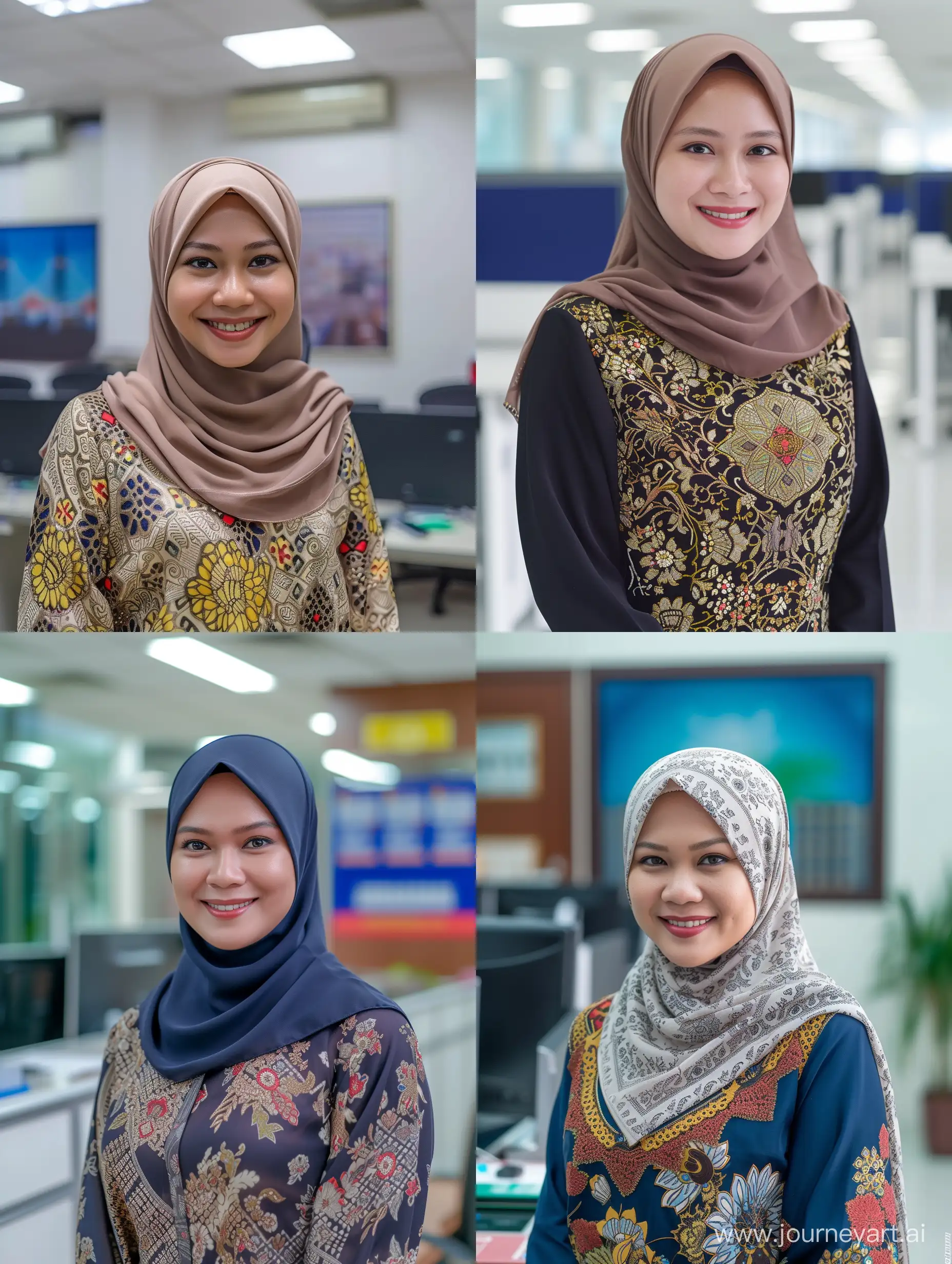 ultra realistic, Malay girl civil servant who is working in the government department. in baju kurung and wearing a hijab. smiling face office background. canon eos-id x mark iii dslr --v 6.0