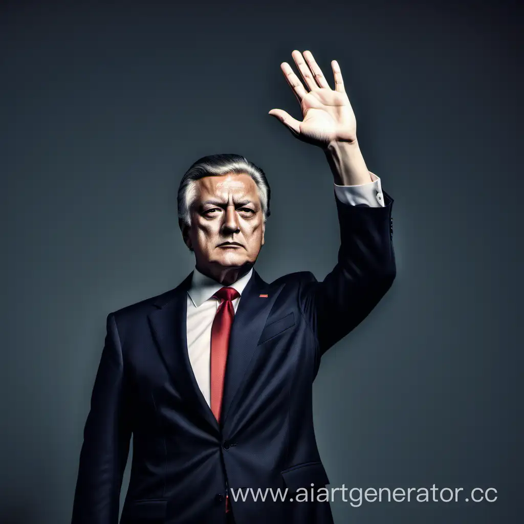 Правитель авторитарного государства 21 века в деловом костюме и с поднятой рукой 