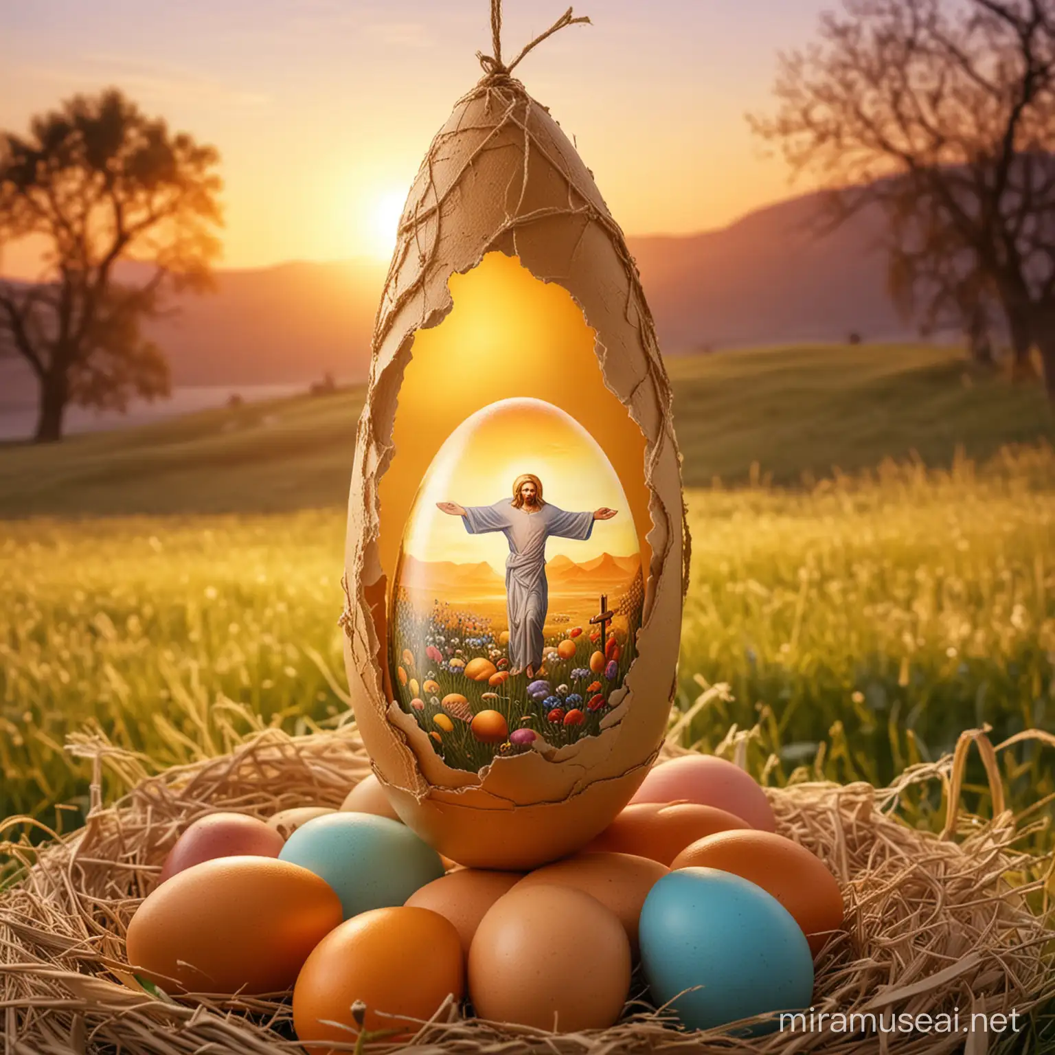 Eastern egg is on spring meadow covered with various colored eggs. There is picture of hanged Jesus on surface of eastern egg. Backround is on golden sunset atmosphere .
