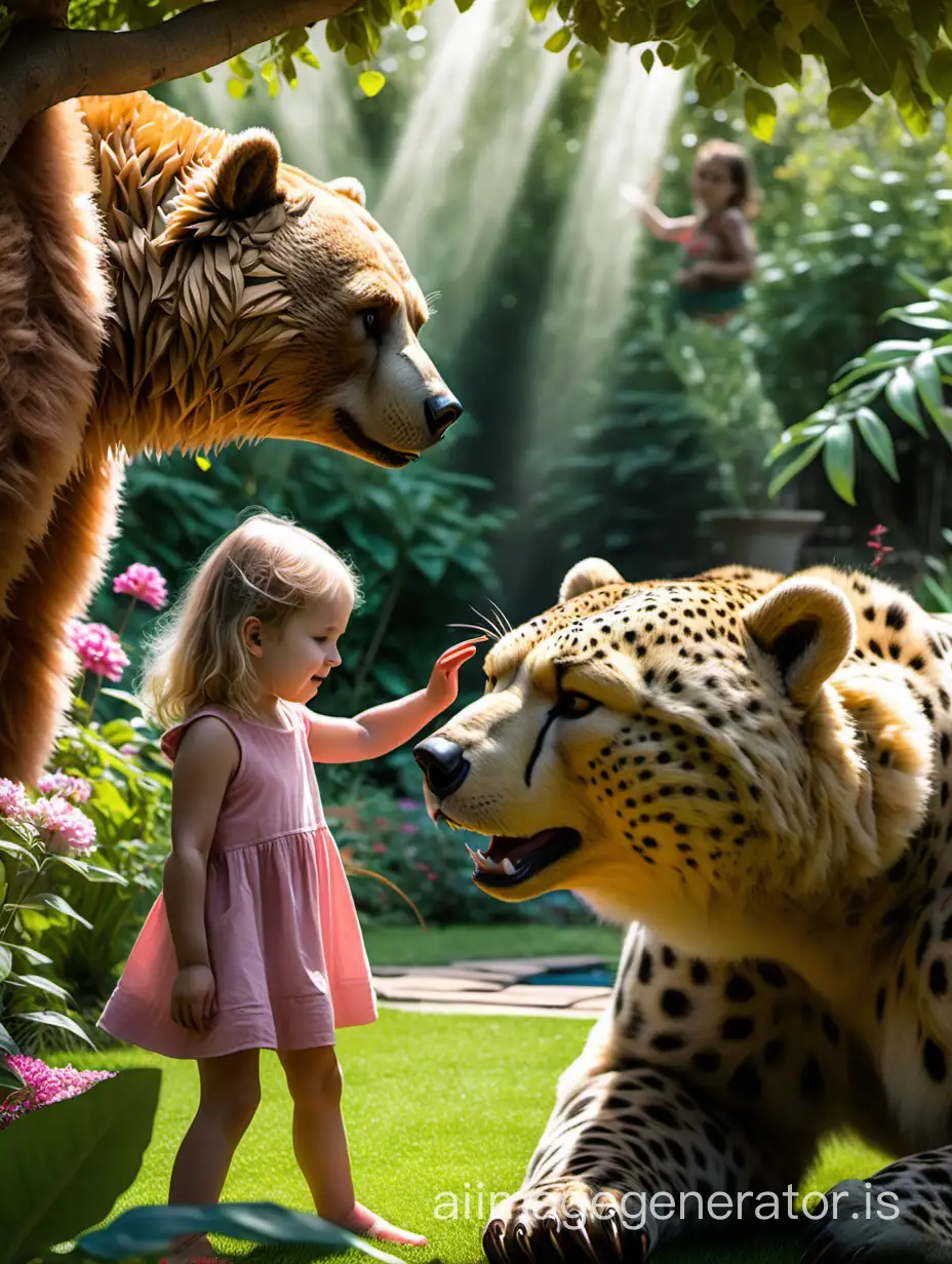 beautiful garden, a girl is petting a bear, and a man is playing with a cheetah