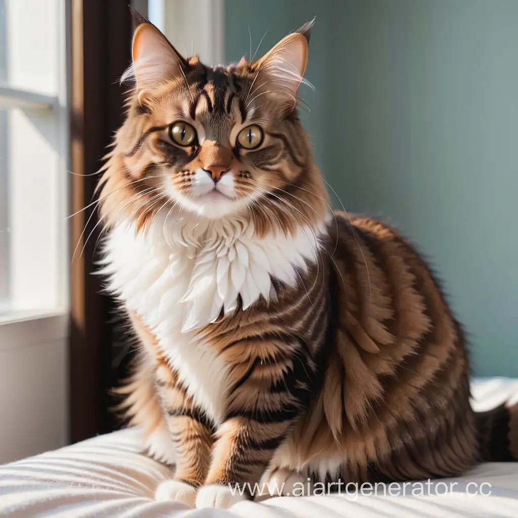 Fluffy-Brown-Tabby-Cat-with-White-Chest-Sitting-Serenely