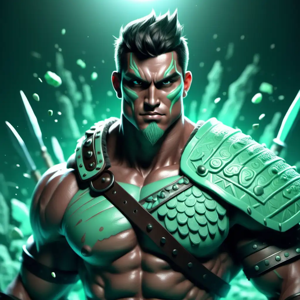 Mint Warrior Cartoon Powerful HalfBody Character with Atmospheric Background