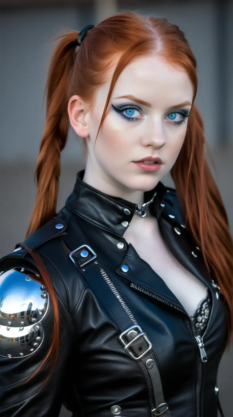 Young redhead with two ponytails and blue eyes, wearing leather, lace and chrome metal 