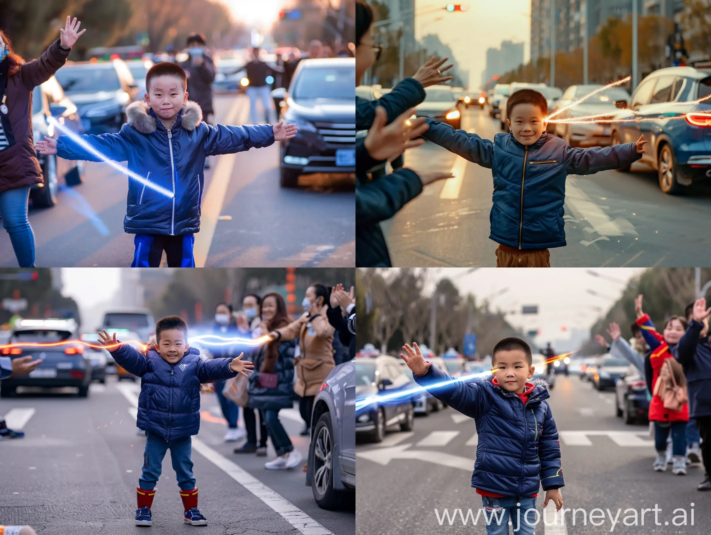 Adorable-Chinese-Boy-Directing-Traffic-in-Ultraman-Pose