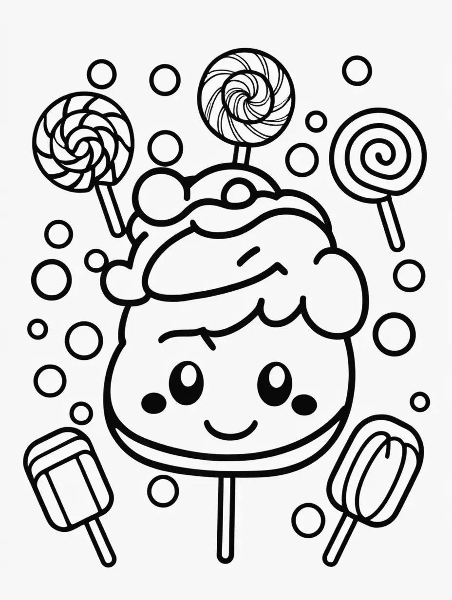 coloring book, cartoon drawing, clean black and white, single line, white background, large cute candy, emoji
