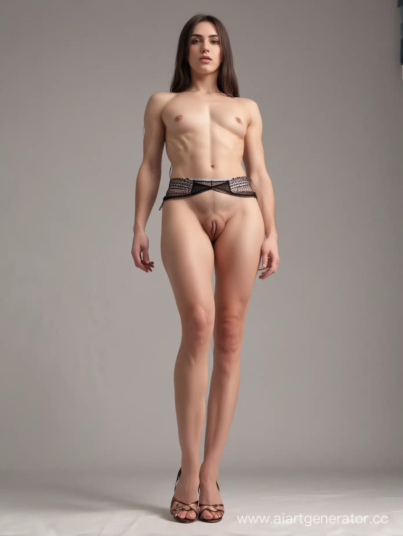 8K, максимальная детализация, ракурс снизу в полный рост: стоя расставив ноги стройный голый трансгендер в короткой юбке из-под которой висит длинный пенис с огромной головкой
