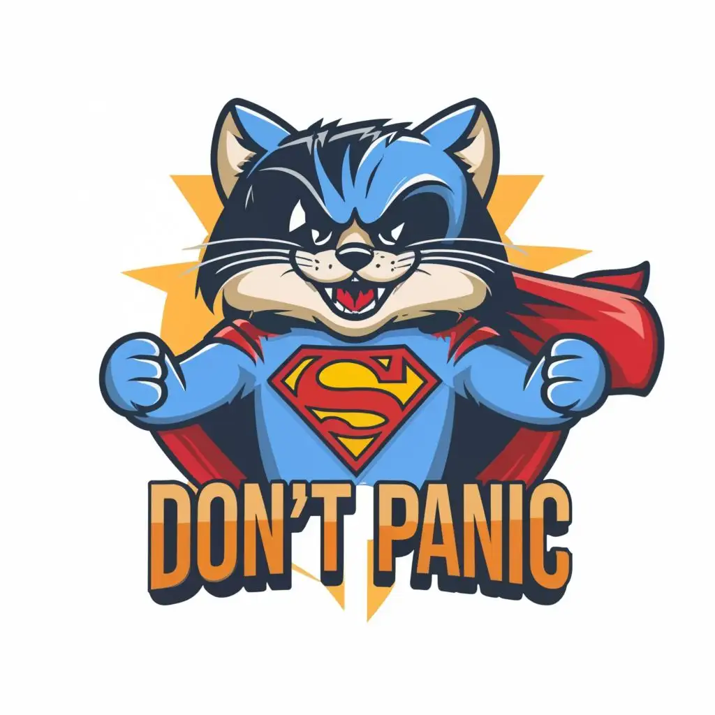 logo, Abstract superman cat in a fun style, with the text "dont panic", typography, be used in Entertainment industry