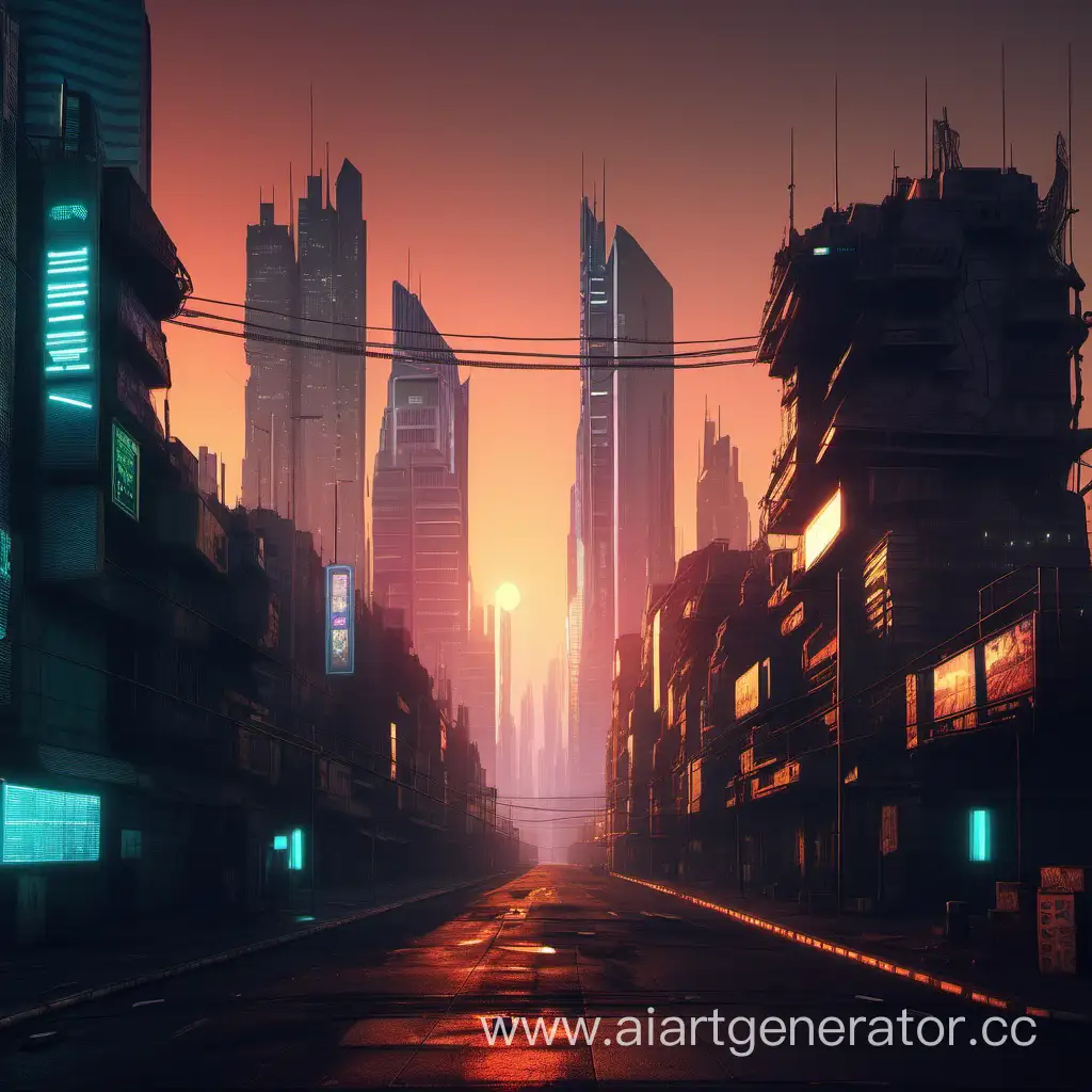 An empty cyberpunk city at sunset