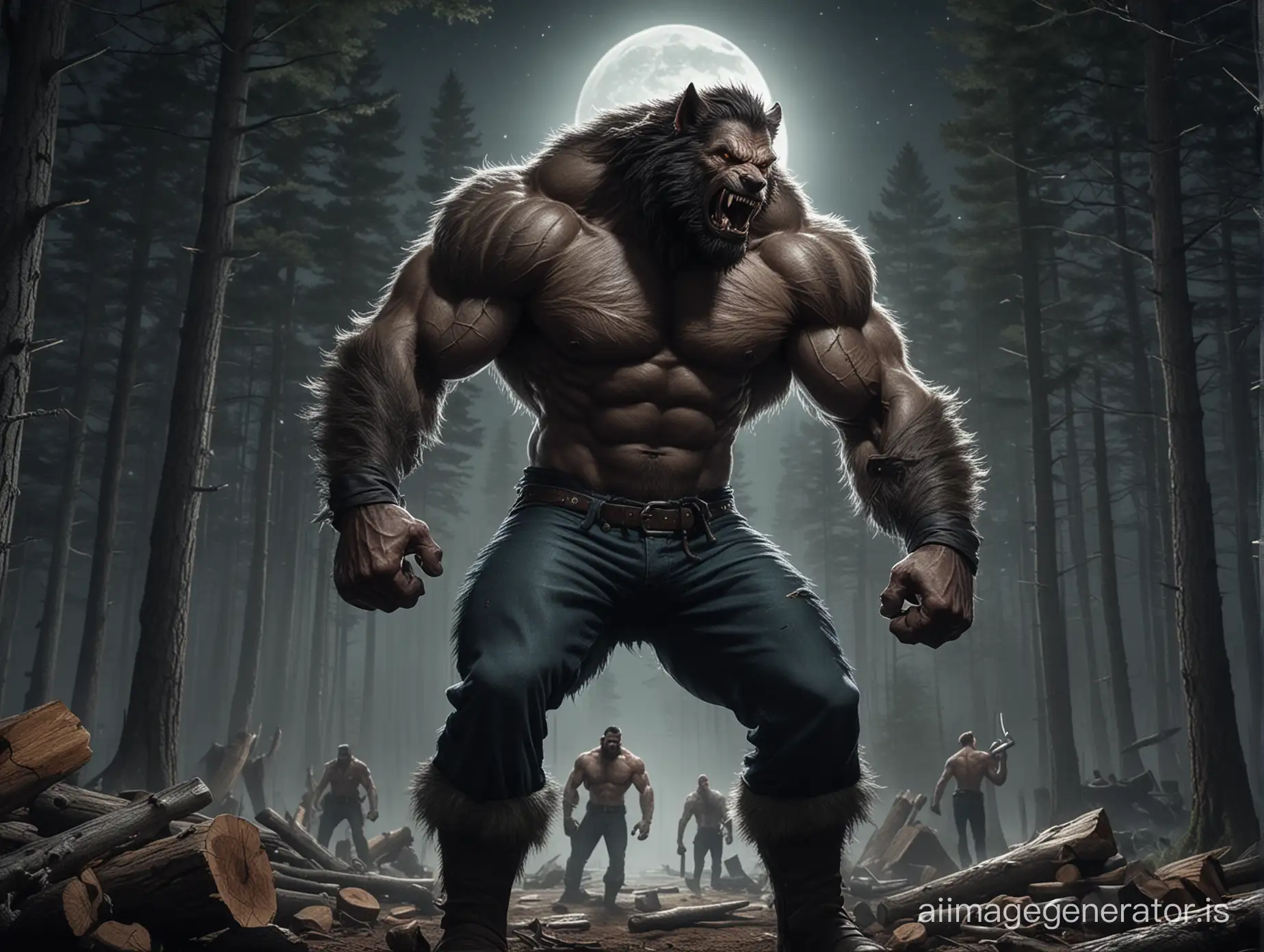 werewolf lumberjacks, transforming, giant, muscular, woods, nighttime, fullmoon