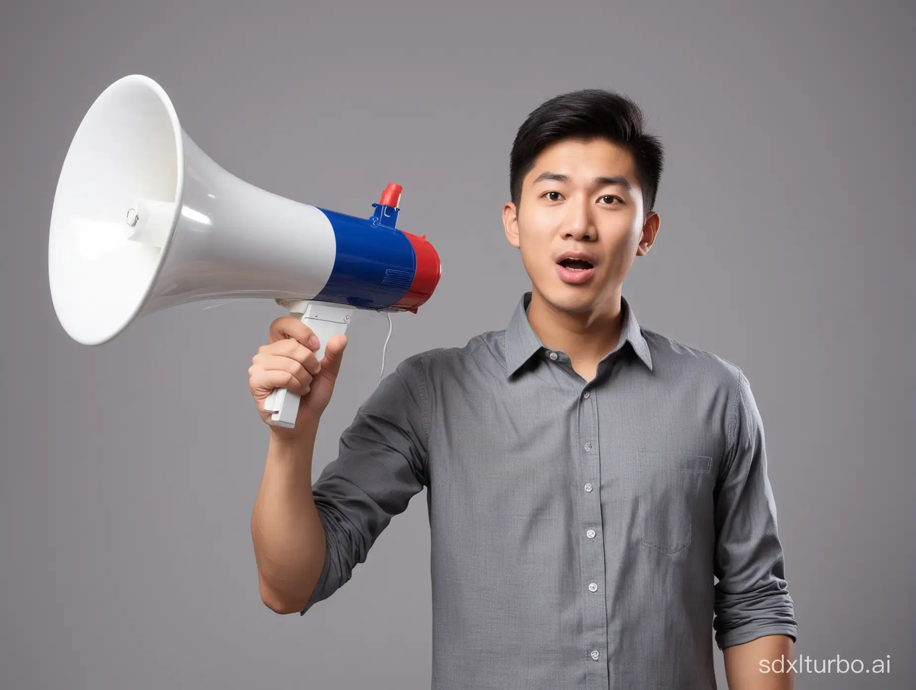Asian young man speaking with loudspeaker