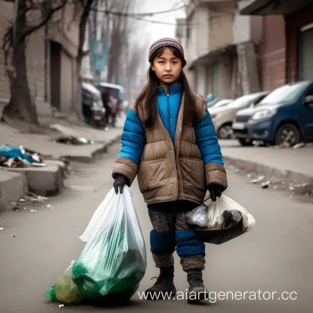 Маленькая девочка казахской внешности, лет 12 в старой одежде собирает мусор на улице