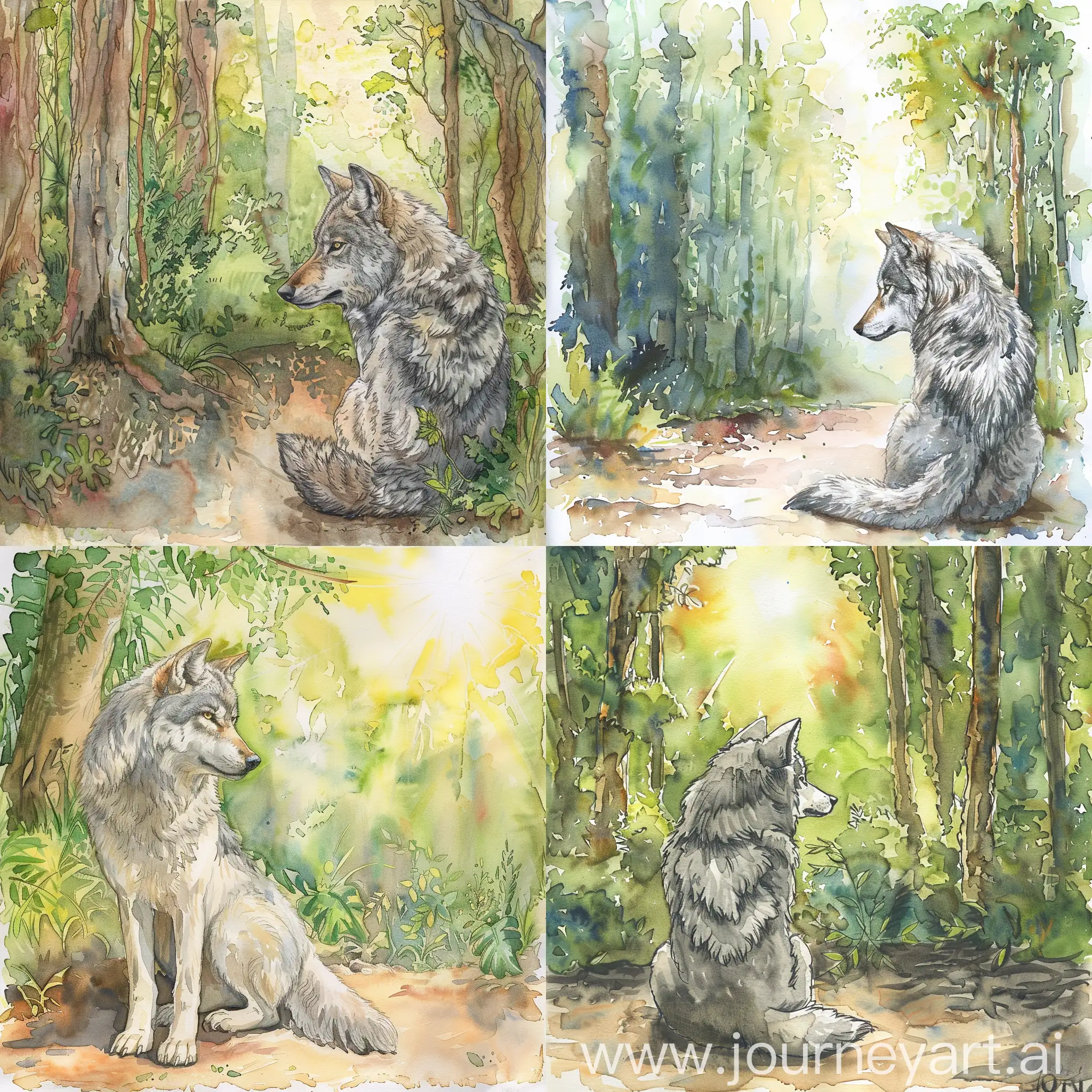 画一幅水彩画，描绘一只灰狼坐在阳光明媚，郁郁葱葱森林中，悲伤的凝视着远方
