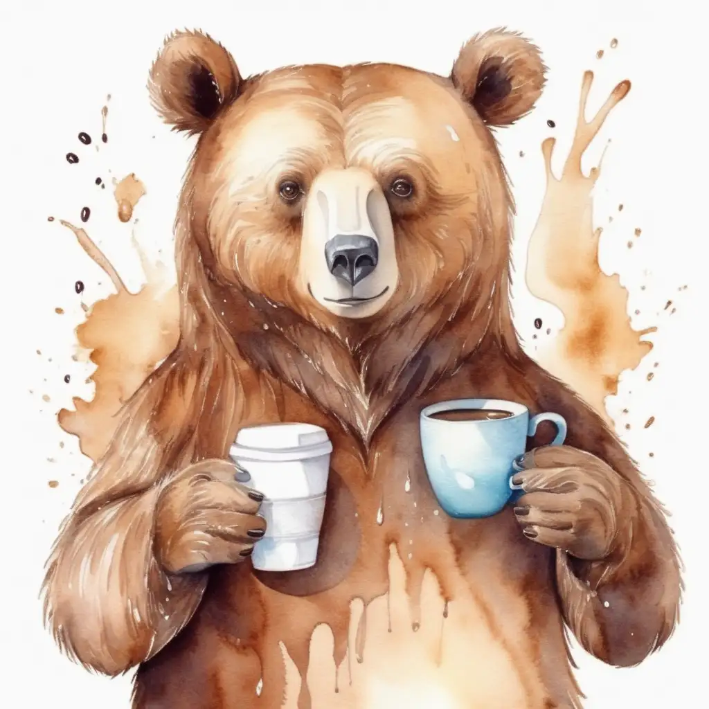 water color bear holding a cup of coffee
