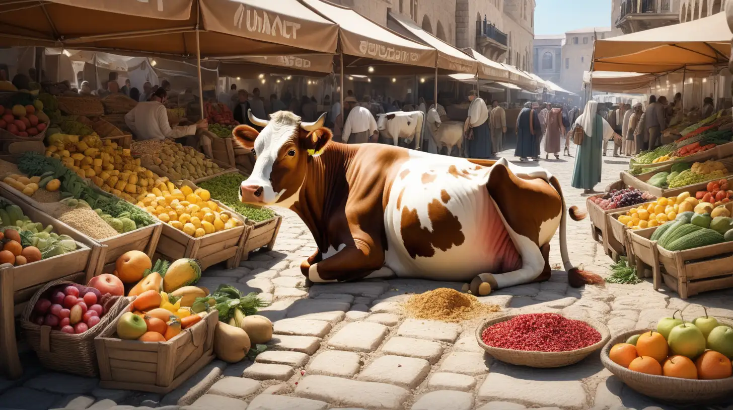epoque biblique, une vache en plein milieu du marché aux fruits et légumes sur la grande place du marché dans une ville hébreu antique, beaucoup de fruits et légumes écrasés par terre, tous les étales sont cassés, le jus des fruits coule par terre
