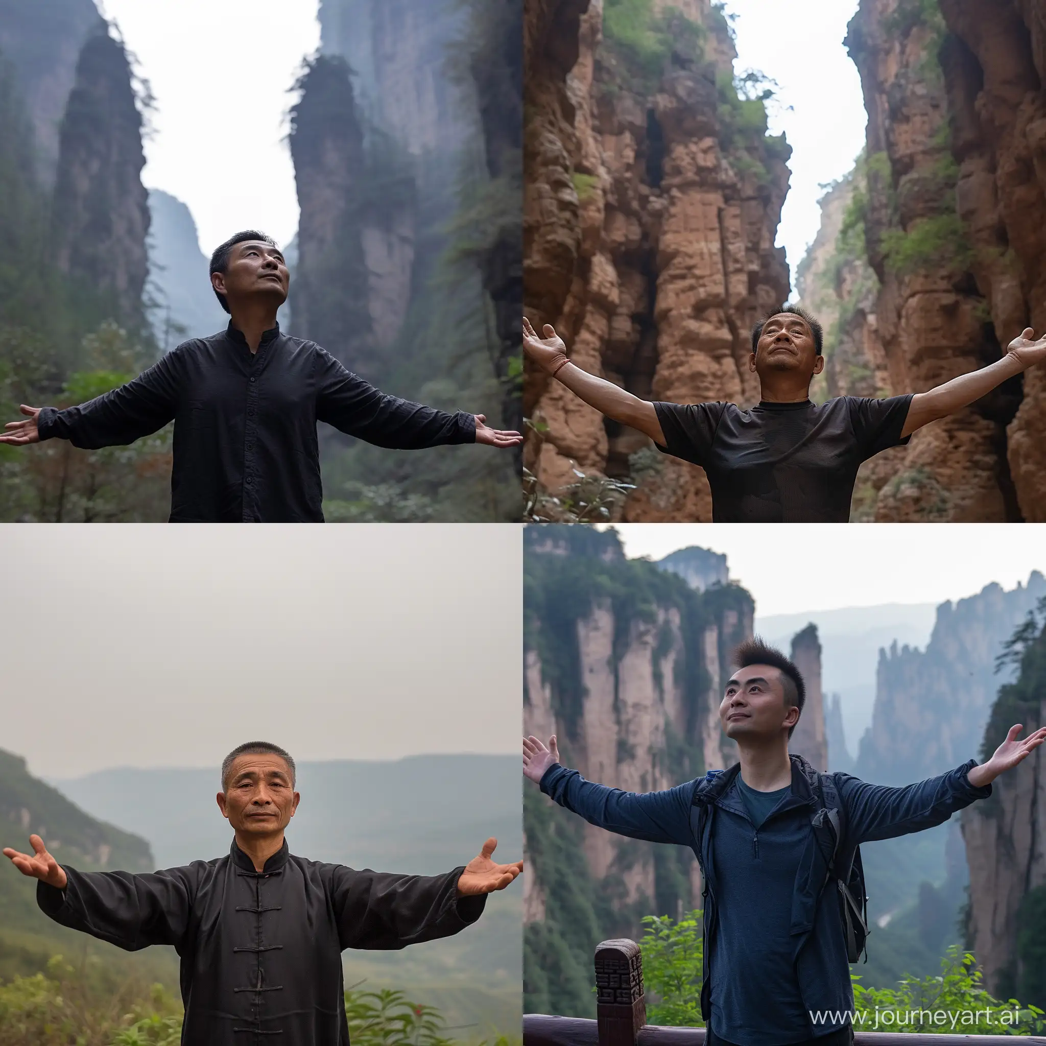 中国男性，在荔波小七孔景区，双手向两侧上方张开的背影照片