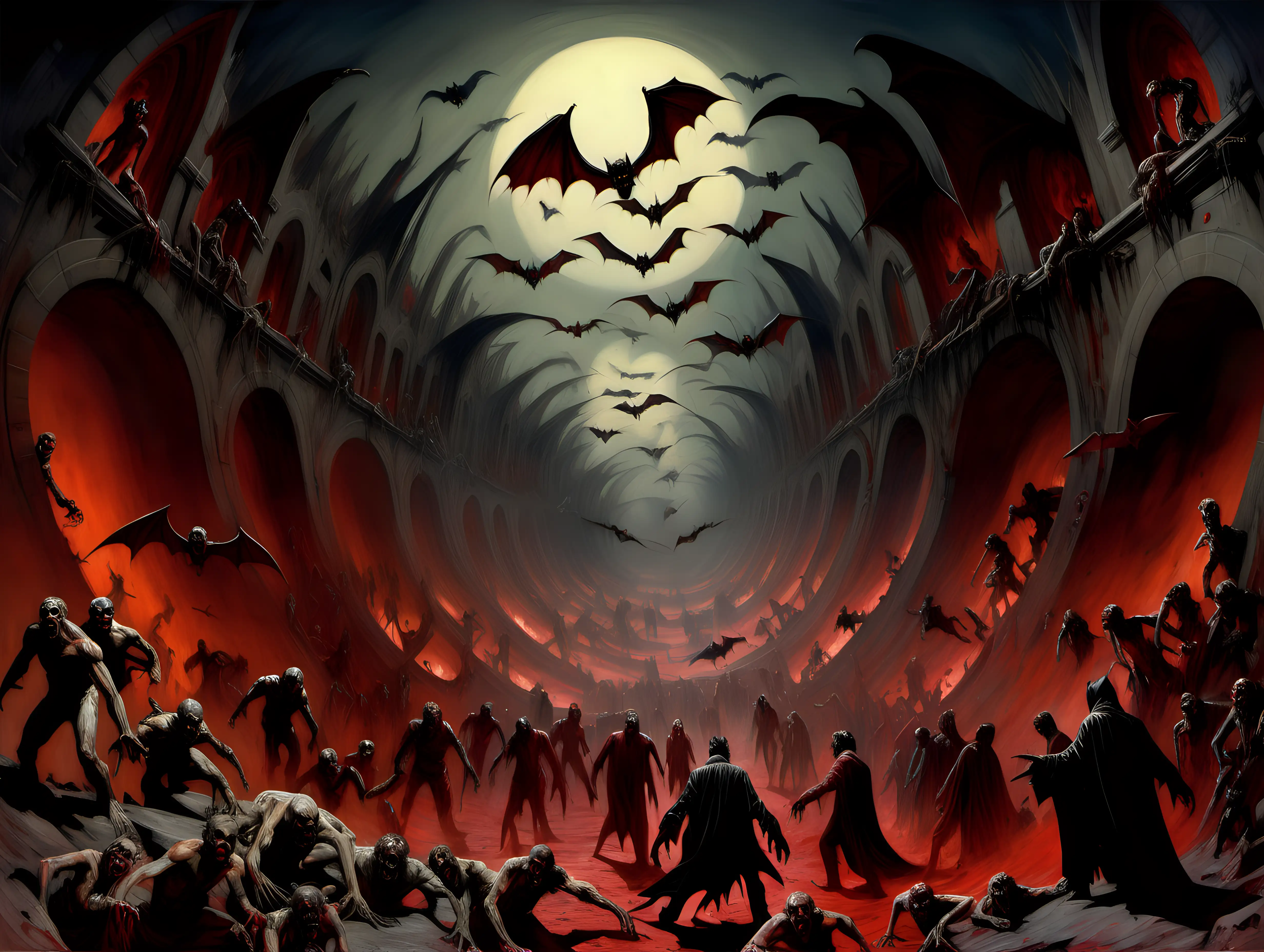 Dante's 9 circles of Hell with zombies and vampire bats in style of post-apocalyptic and photorealism by frank frazetta