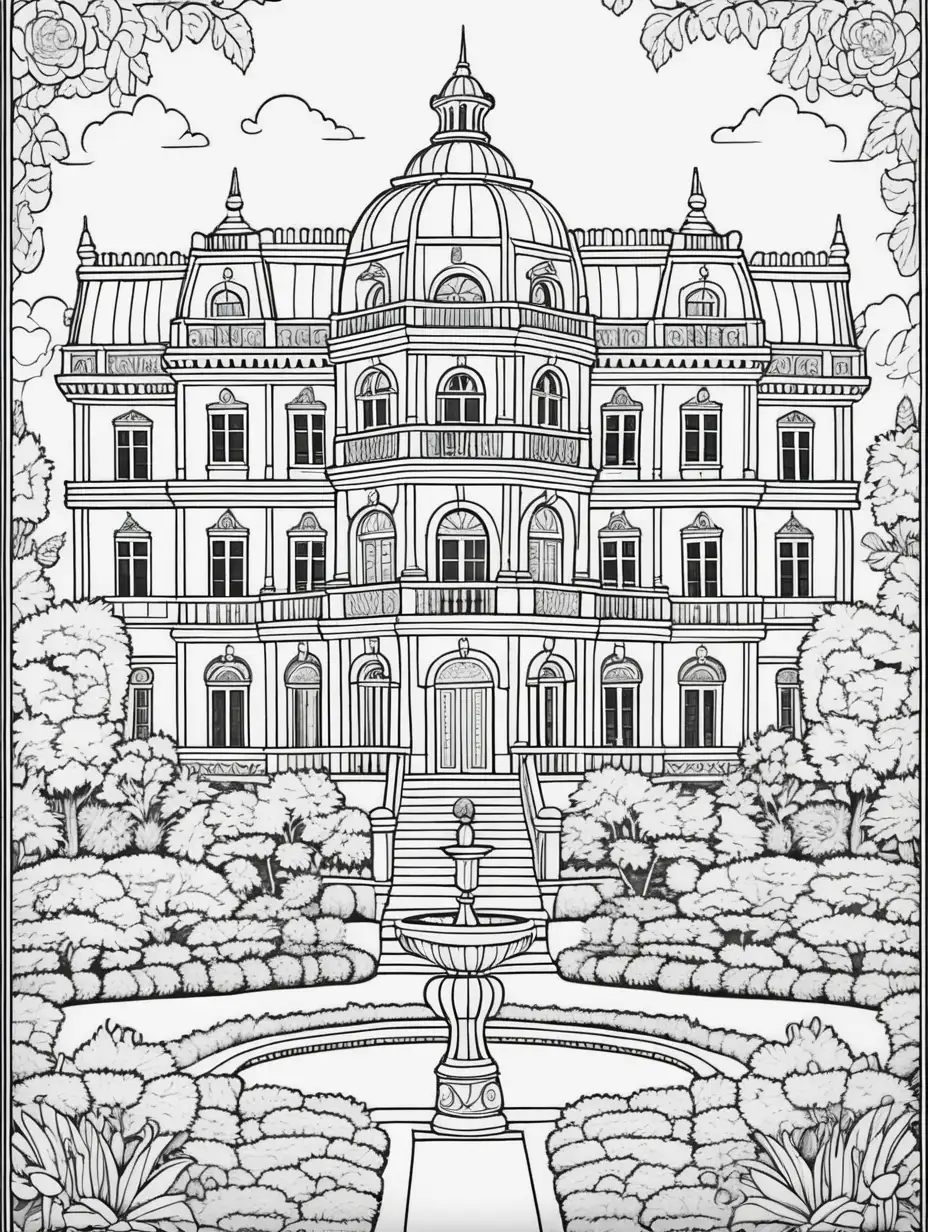 black and white coloring page for adults, palace with garden, cartoon style, thin lines, low details, no shading