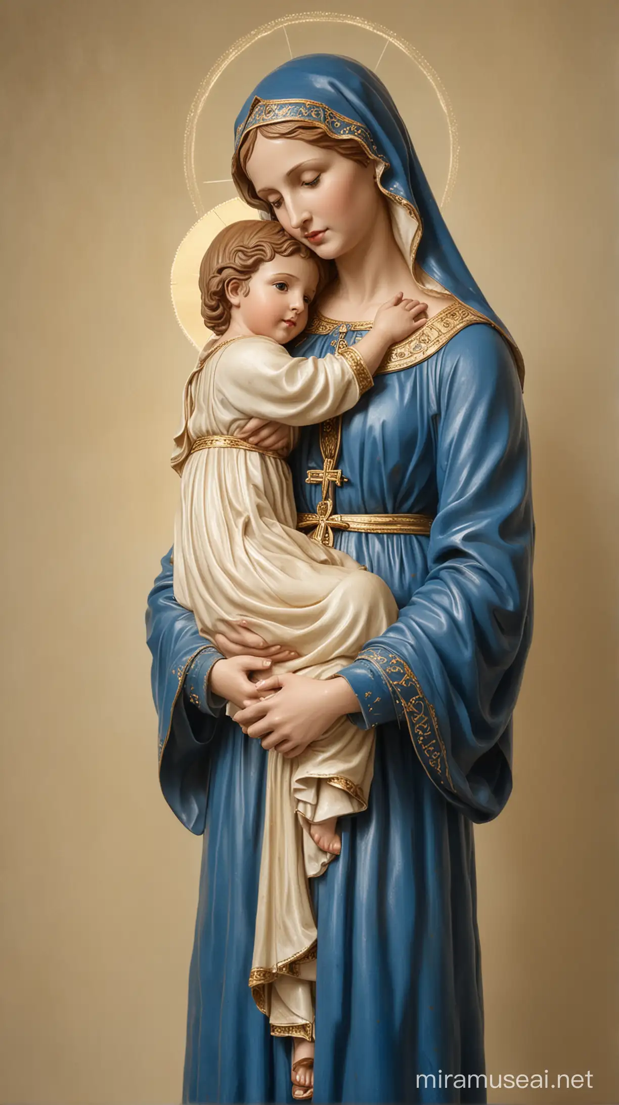 Our Lady, dressed in a blue dress, hugging children