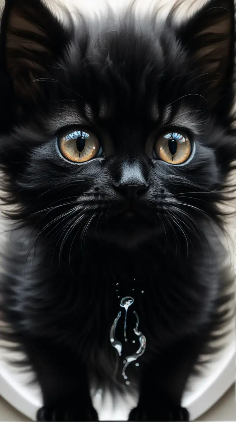 Super Closeup of eyes, fluffy black kitten, extremely huge eyes, double exposure portrait, internal Japanese bathroom , mirrored on water's surface below, colour scheme centred on black, cream,  white, against a stark black backdrop, chiaroscuro enhancing the intricate details, in a digital rendering.
