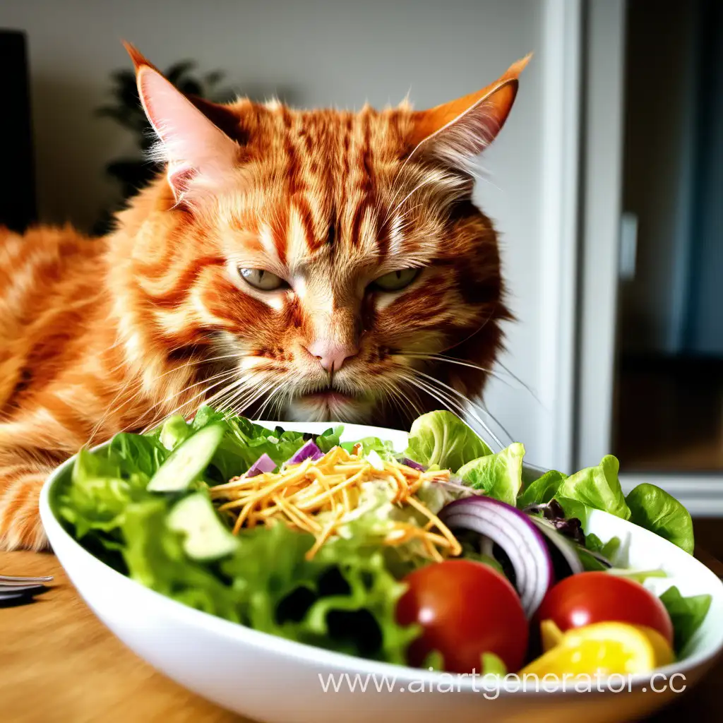 Bored-Ginger-Cat-Eating-Salad-Tick-Tock-Tims-Relaxed-Home-Life