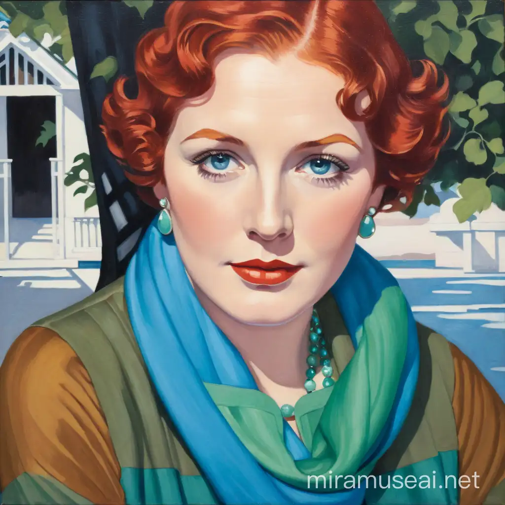 Barbara Green-Studer, with red hair and blue eyes in 1930's style painting.