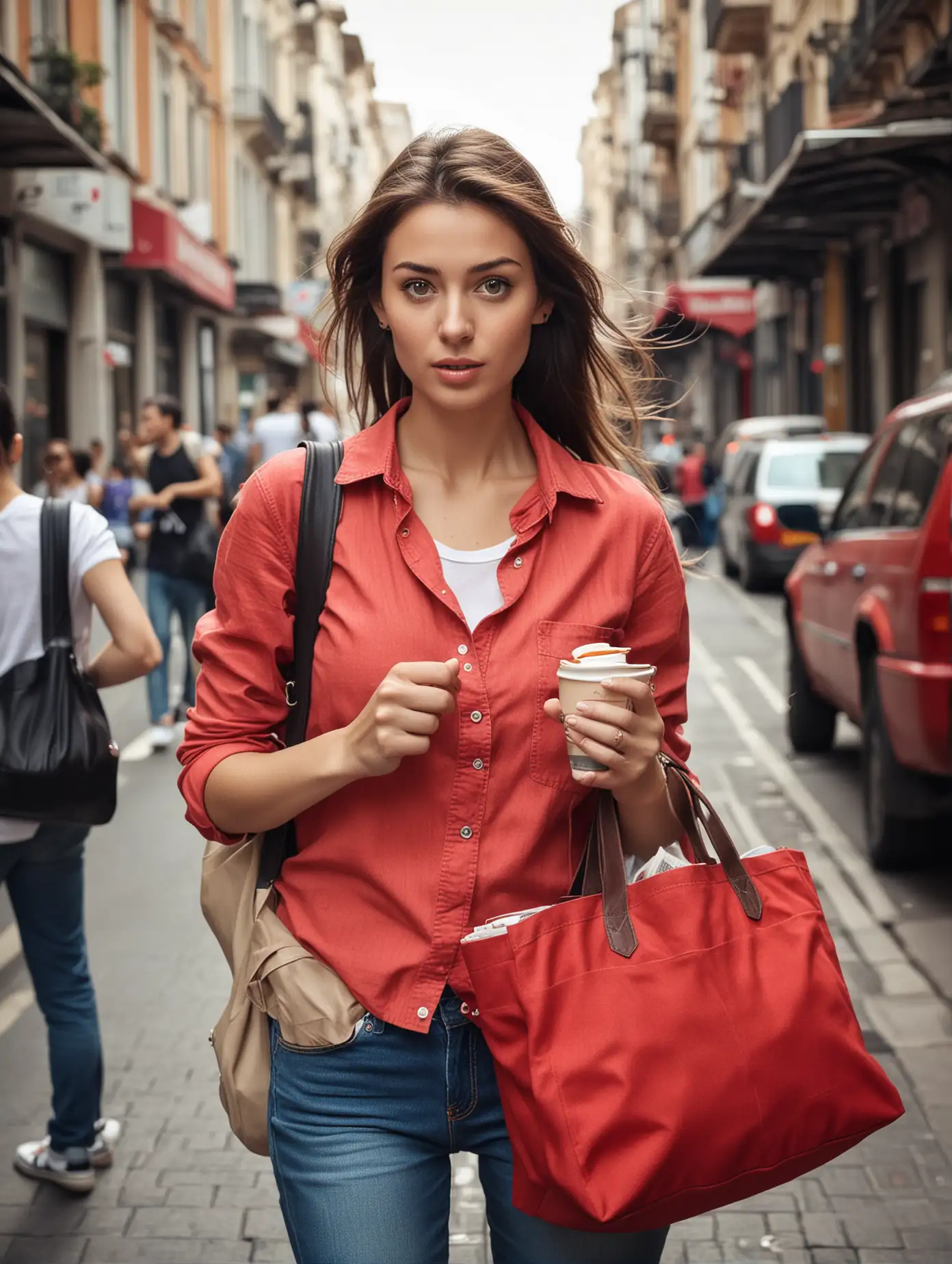 girl in casual clothes and jeans, in a hurry, a lot of things in her hands: a red canvas tote bag, magazine, coffee, wallet, lady like aesthetics, Her gaze is confused and stressed, she is rushing to catch her train . symbols of her commitment and determination in in her busy world. The setting is characterized by the frenzy of city life, while the woman the busy frantic city environment of the city, very high quality professional photo, AF-S 18-105mm f/3.5-5.6, 1/500 shot, paparazzi photo by Mario Brenna --stylize 50

