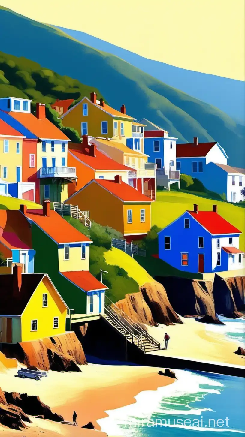 Coastal Village Landscape Inspired by Edward Hopper and Thomas Wells Schaller