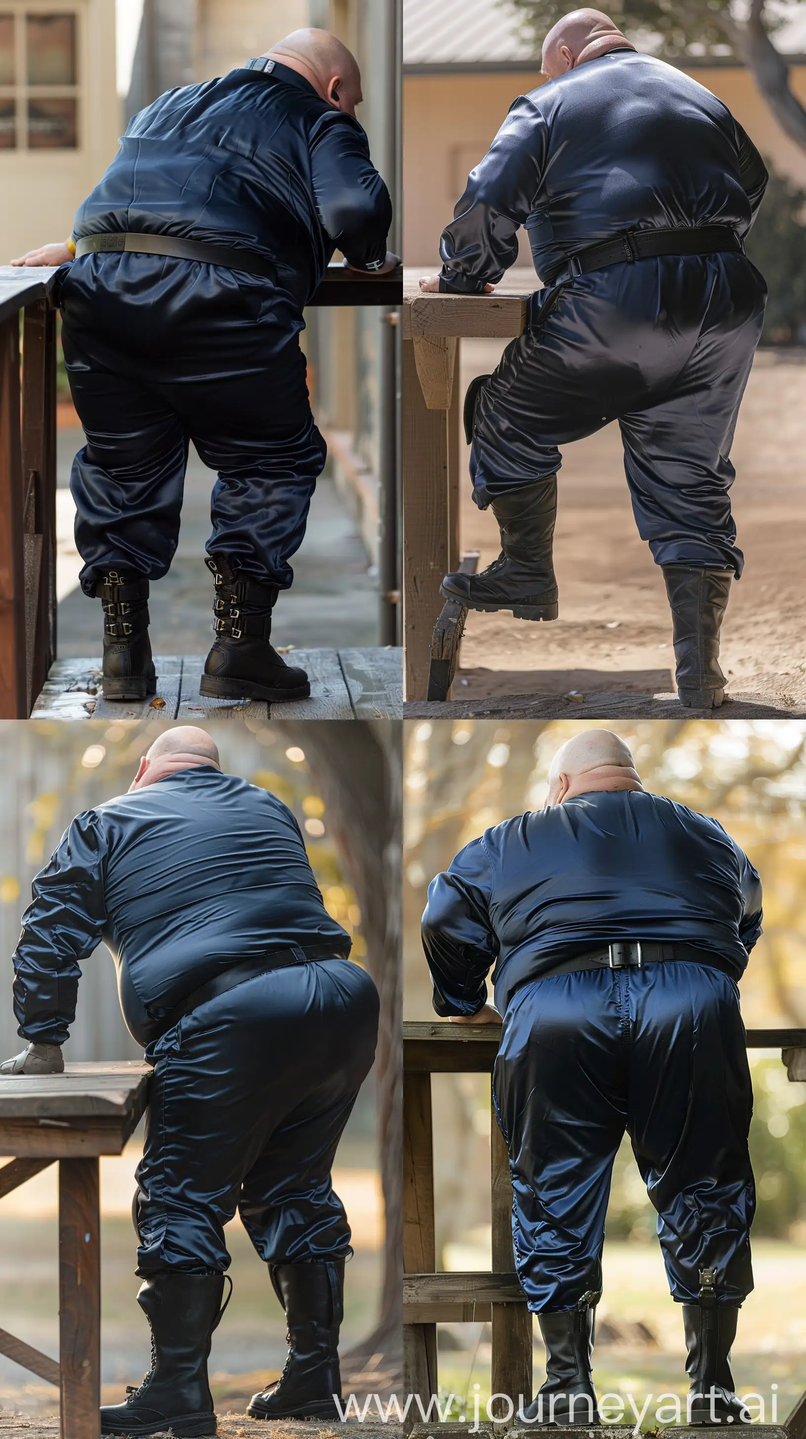 Close-up full body back view photo of a very fat man aged 60 standing next to a very high table. The man is wearing silk navy tight battle coverall in black tactical boots and a black tactical belt. Legs straight and leaning forward on both hands placed on the table. Outside. Bald. Clean Shaven. Natural light. --ar 9:16