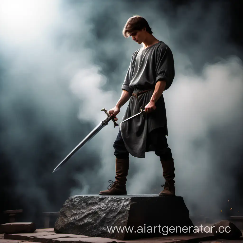 The young man standing on the stone pulled the sword out of the anvil
