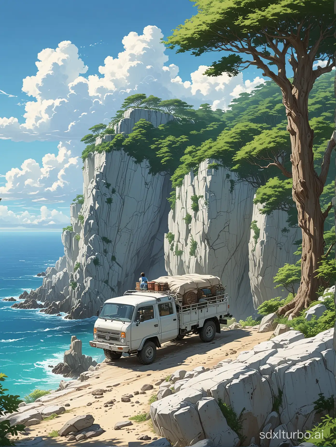 A Studio Ghibli anime style,a super high cliff,a 4x4 truck on the edge,white rocks,huge trees,ocean overview,blue sky,fluffy white clouds ,a boy on the edge watching the beautiful view